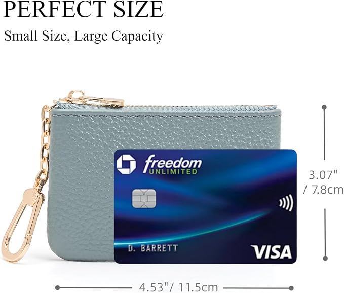 Full Grain Leather Coin Purse with Key Chain - Small Change Purse Keychain Card Holder Keychain Pouch Small Keychain Wallet for Women and Men (Powder Blue)