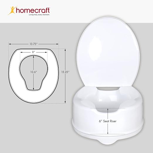 Homecraft Savanah Raised Toilet Seat 6" with Lid, Elongated & Elevated Lock Seat Support for Elderly, Handicapped and Disabled Users, White Colour | 6" raised toilet seat with lid adds seat height for seniors and users with limited mobility.