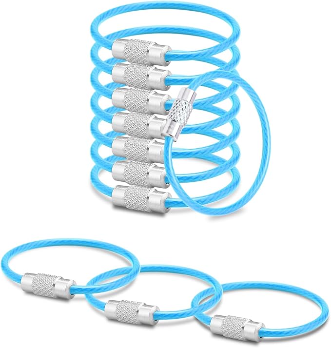 CooBigo 25 Pack Cable Key Ring 4 Inch Luggage Tag Loops Wire Key Chain Cable 2mm Key rings for Car Keys Wire Keychain Dog Tag Ring Light Blue
