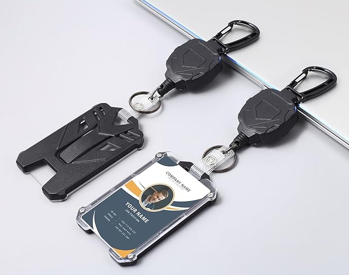 Badge Holder Retractable Clip Heavy Duty Carabiner Badge Reel Keychain with Lanyard ID Cards Holder Cool Tactical ID Holder