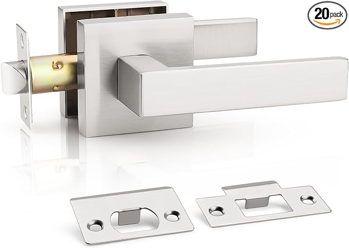 KNOBWELL 20 Pack Heavy Duty Square Door Handle Brushed Nickel Lever Door Handle Closet Hallway Bulk Passage Door Knobs(No Lock)