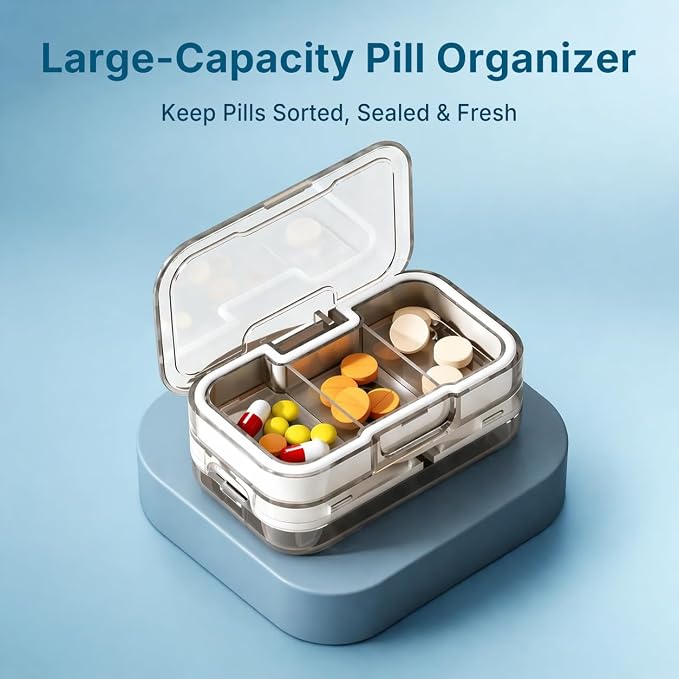 Pill Cutter Splitter for Small Tiny Large Pills at Once with Accurate and Professional Sharp Blade but Safe, Cuts 1/2, 1//3, 1/4 One-Hand Operation Portable Tablet Cutter, BPA Free (White)