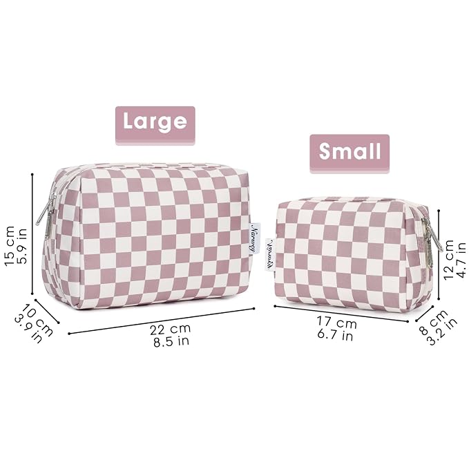 Narwey Checkered Makeup Bag Pink Travel Cosmetic Bag Organizer Toiletry Bag Make Up Bags with Compartments for Women Girls (Large, Dusty Rose Checkerboard)