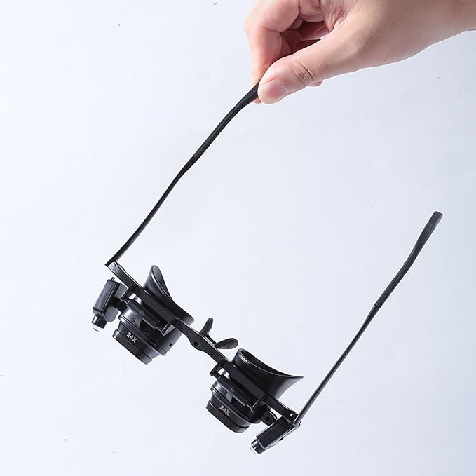 24X Headband Magnifying Glasses with 2 LED Lights, Hands-Free Head Mount Magnifier with 4 Sets of Interchangeable Lenses (2X, 6X, 10X, 24X) for Jewelry Loupe, Watch Repair, Crafting and Reading