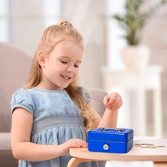 Jssmst Small Cash Box with Lock and Slot, Metal Coin Piggy Bank for Adults and Kids, Blue Locking Money Box