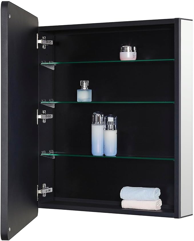 Black Bathroom Mirror Medicine Cabinet with Round Corner Framed Door 24 x 30 inch, Recessed or Surface Mount, with Adjustable Glass Shelves