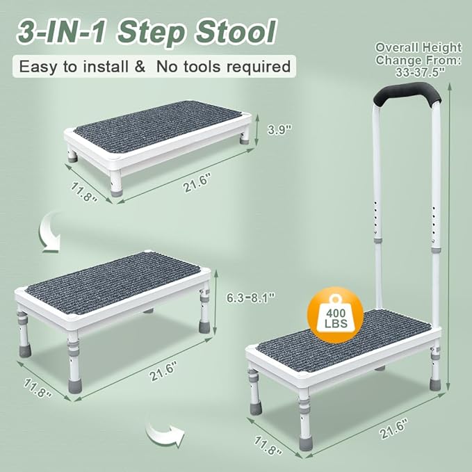 Medical Step Stool with Handle Elderly Adults Bed Steps for High Beds Rails Adjustable Assist Bar Heavy Duty Stepping Stool Metal Wide Step Platform Seniors Handicap Bed Side Foot Stool with Handrail