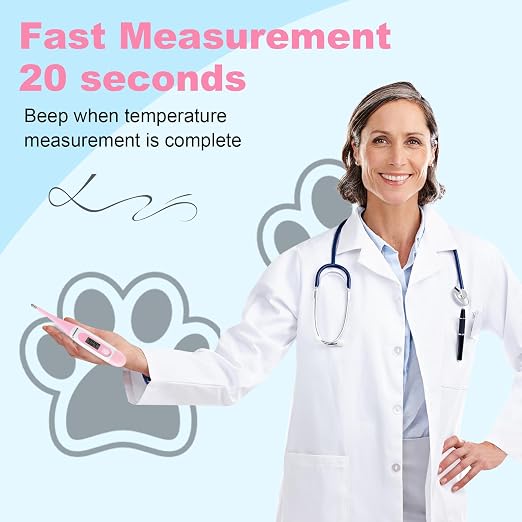 Digital Pet Thermometer for Accurate Fever Detection, Suitable for Cats/Dogs/Horse/Veterinarian, Waterproof Pet Thermometer, Fast and Accurate Measurements in 20 Seconds (Pink)