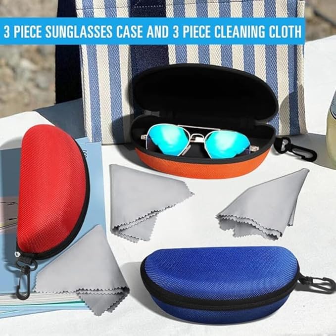 ZONLY 3 Pack Sunglasses Case Portable Travel Zipper Eyeglasses Case Hook With Cleaning Cloth