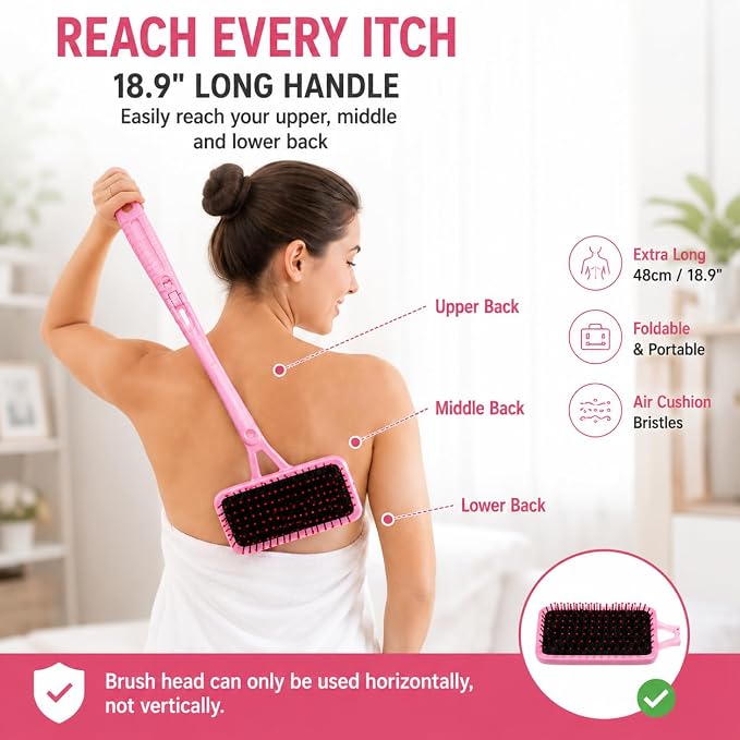 Back Scratcher Extendable Pink Folding Handle for Men Women | Long reach folding handle with soft bristles for back shoulders legs and everyday personal care use at home or travel