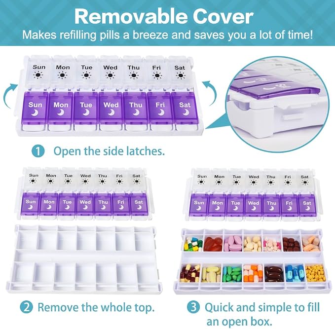 Shintop Am Pm Pill Organizer 7 Day, Weekly Pill Box 2 Times a Day | Easy-Open Push Button, Quick-Fill Top, 14 Large Compartments, BPA-Free PP, Silicone Hinges, Senior- and Arthritis-Friendly