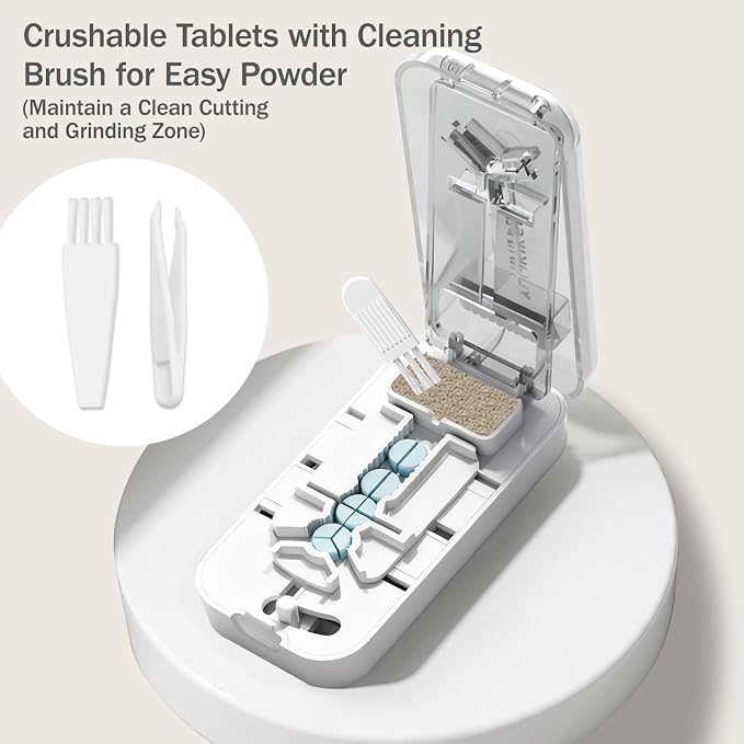 3-in-1 Adjustable Pill Cutter for Small & Large Pills, Professional Pill Splitter Cuts Tablets into 1/2, 1/3 & 1/4, Cuts Multiple Tablets,Hidden Blade，with Storage Box and Tweezers (White)