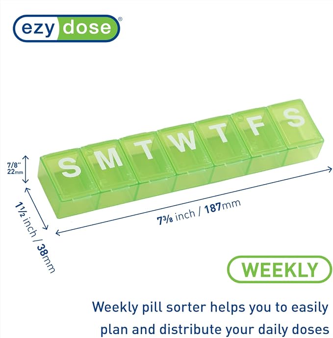 EZY DOSE Weekly (7-Day) Pill Organizer, Vitamin Case, and Medicine Box, X-Large Compartments, Color May Vary (Pack of 2)