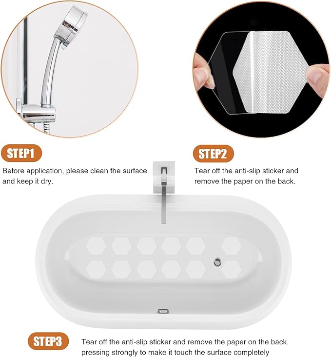 Bathtub Stickers Non-Slip, 12 PCS White Hexagon Safety Shower Treads Adhesive Appliques with Premium Scraper