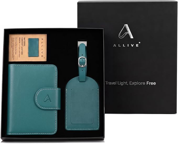 ALLIVE RFID Passport Holder for Travel, Genuine Leather Passport Holder with AirTag Hidden Pocket, Travel Wallet for Women & Men, Gift Set with Luggage Tag in Premium Gift Box (Lake Blue)