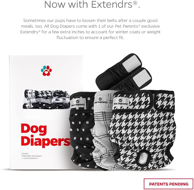 Pet Parents® Washable Dog Diapers (3pack) + Extendrs® of Durable Doggie Diapers, Premium Dog Diapers Female (Medium, Luxe)