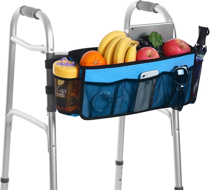 CTWWFS Upgrade Walker Basket with Cup Holder, Foldable Walker Storage Bag for seniors with Big Capacity & Never Tipping Over, Best Gift for Family (Sky Blue)