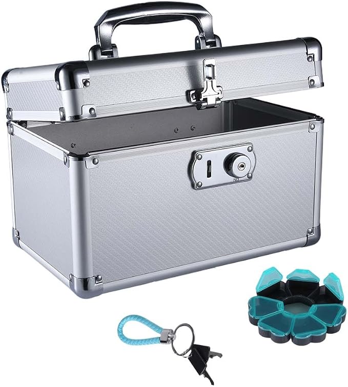 Lockable Medicine Storage Box Med Gloss Silver Aluminum Frame Case | Secure Pill Container Case 11.22 X 7.28 X 7.68" for home, bedroom & dorm private supplies