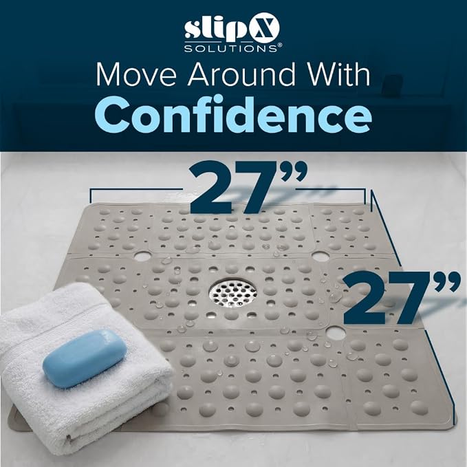SlipX Solutions 27" Oversize Square Shower Mat, Non-Slip Mat for Elderly & Kids, 100+ Power Grip Suction Cups for Smooth Surfaces, Machine Washable, Solid Tan