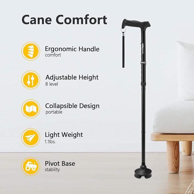 Rehaescort Walking Cane for Men & Women - Folding, Adjustable, Lightweight, Walking Canes for Seniors Balance, Free Standing, Pivot Tip, Soft Handle, Foldable Walking Sticks with Travel Bag