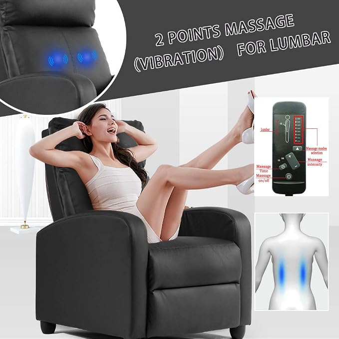 BestMassage | Recliner Chair | with 2 Point Massage Function | Black | with Lumbar Support, Adjustable Push Back, Wide Armrests, Footrest & Padded Seat | Easy Assembly | for Living Room, Home Theatre | with Lumbar Support, Adjustable Push Back, Wide Ar...