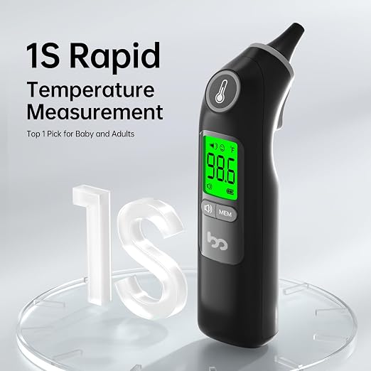 Femometer Family Ear Thermometer, Highly Accurate Ear Thermometer for Kids, Adults and Babies, 30 Memory Recall, 1s Result and 3-Color Fever Alert, with 24 Disposable Probe Covers, Black | 1s Fast Accurate Reading, 30-Memory Recall, 3-Color Fever Alert...