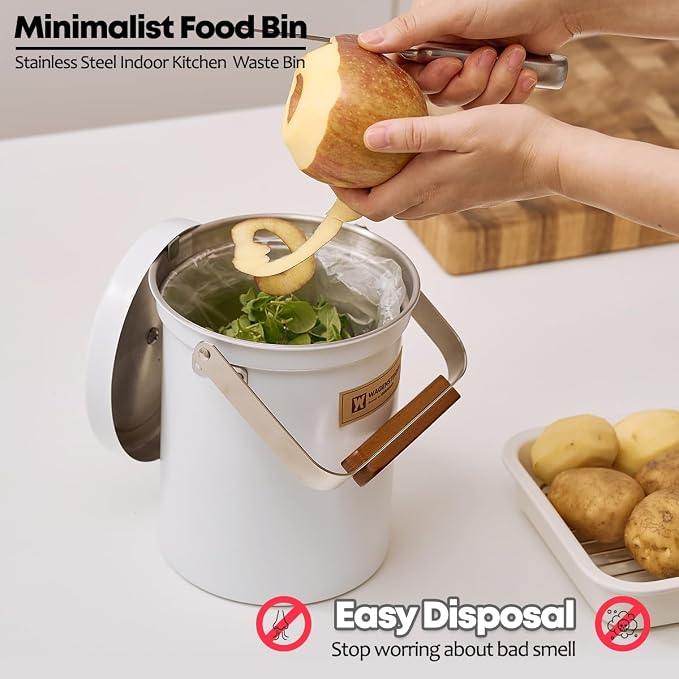 WAGENSTEIGER Kitchen Countertop Compost Bin 101ounces / 3Liters, Airtight Lid SUS304 Stainless Steel Odor-Free Food Waste Bin with Wooden Handle Stylish Design/Bathroom Trash Can (White)