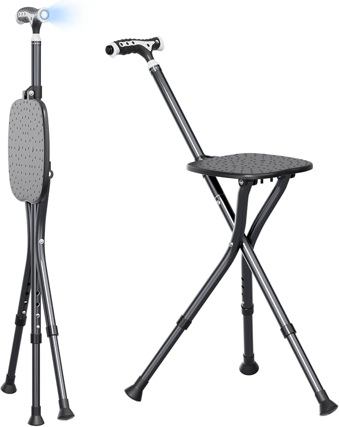 Alloy Folding Cane with Seat, Lightweight Adjustable Walking Cane with Seat, Cane Seat with LED for Seniors, Cane Chair for Woman/Man,Anti-Slip Walking Stick for Seniors