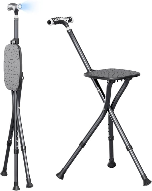 Alloy Folding Cane with Seat, Lightweight Adjustable Walking Cane with Seat, Cane Seat with LED for Seniors, Cane Chair for Woman/Man,Anti-Slip Walking Stick for Seniors