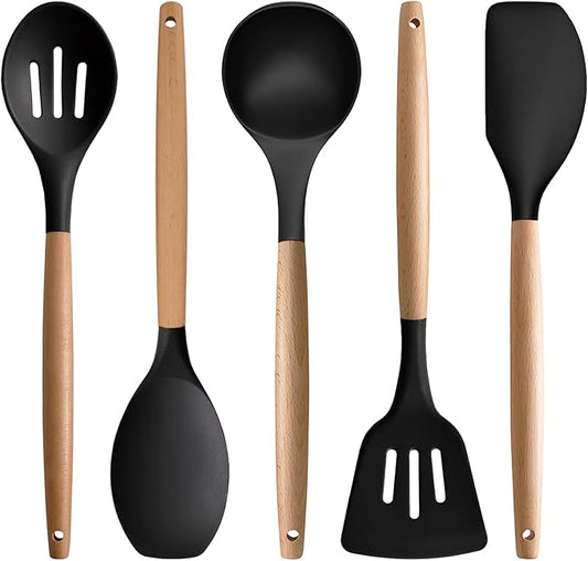 Silicone Cooking Utensils Set of 5, Heat Resistant Silicone Kitchen Utensils Set with Wooden Handle, BPA Free Spatula Spoon Turner Ladle Cooking Kitchen Gadgets for Nonstick Cookware & Baking