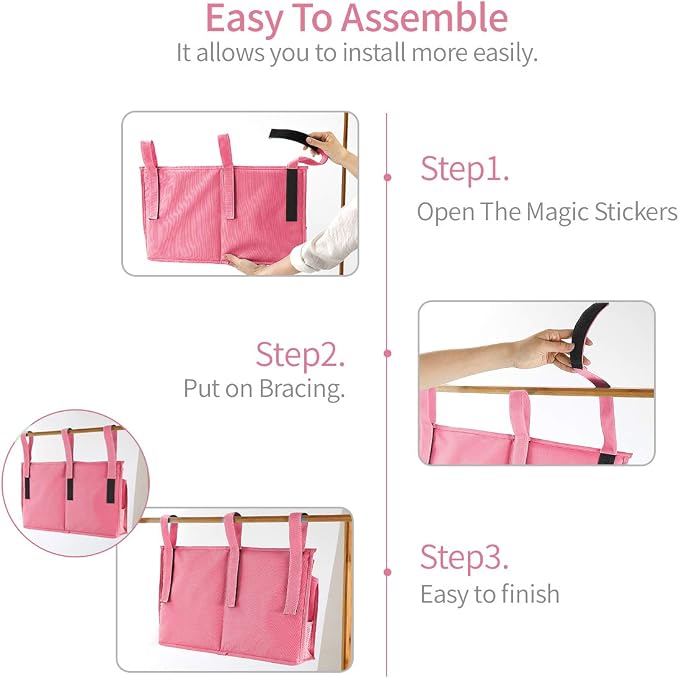 Bseash Bunk Bed Organizer, Bedside Caddy Hanging Bed Organizer Storage Bag 8 Pockets, for College Dorm Rooms Bed, Hospital Bed, Baby Bed Rails, 600D Oxford Cloth (Pink)