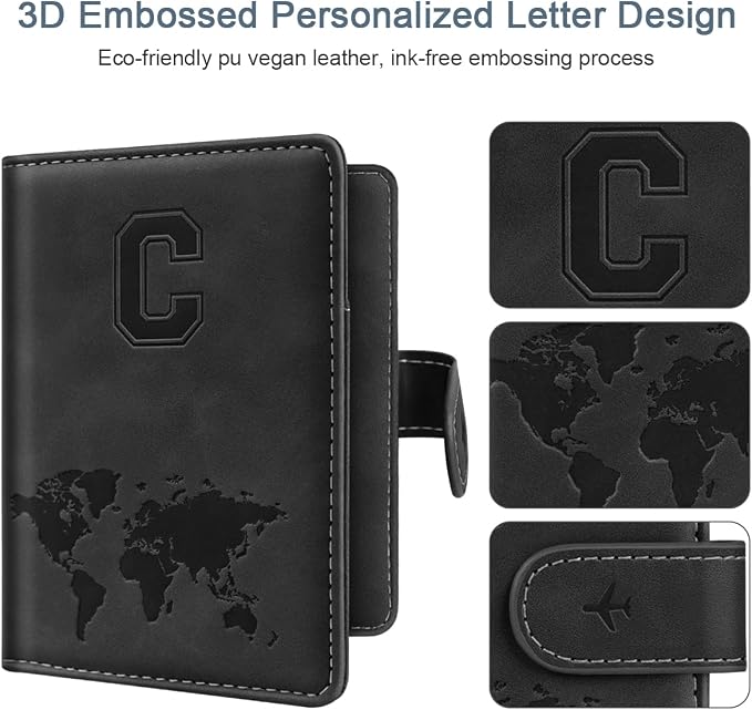 Passport Holder for Travel Essentials Personalized Initial Wallets | Embossed Letter A-Z Design, RFID Blocking, Passport Cover, Passport Book Holders, Men Women, Personalized Gifts, Black-C