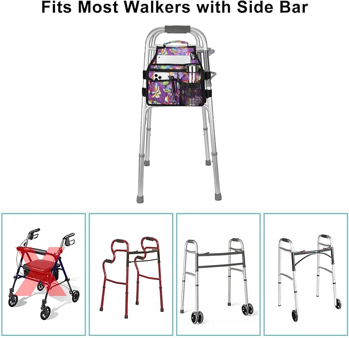 supregear Walker Side Bag, Storage Pouch w/Cup Holder for Folding Walker, Waterproof Caddy Basket for Side Bar Accessory Attachment for Seniors Elderly, Double Sided Organizer