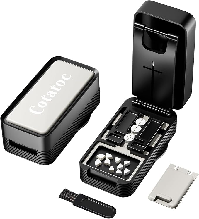 Pill Cutter Splitter for Small and Tiny Pills - Professional 1/2 1/4 Pill Splitter with Sawtooth Adjustable Slots, Accurately Cut Multiple Tablets with Stainless Steel Blade & Silicone Storage Box