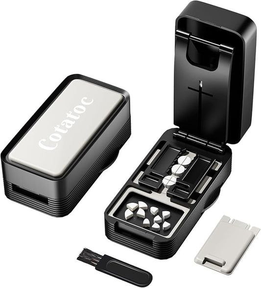 Pill Cutter Splitter for Small and Tiny Pills - Professional 1/2 1/4 Pill Splitter with Sawtooth Adjustable Slots, Accurately Cut Multiple Tablets with Stainless Steel Blade & Silicone Storage Box