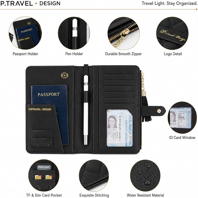 Passport Holder for Travel,Leather Passport Wallet,Travel Document Organizer with AirTag Slot,RFID Blocking With Credit Cards Case,Zippered Coins Pocket and Cash Slot for Women Men