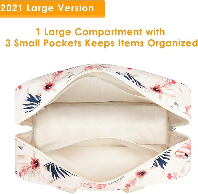 Narwey Full Size Toiletry Bag Women Large Cosmetic Bag Travel Makeup Bag Organizer Medicine Bag for Toiletries Essentials Accessories (Large, Beige Flamingo)