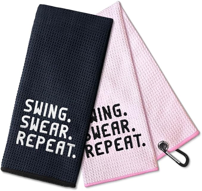 DYJYBMY Swing Swear Repeat Funny Embroidered Golf Towel Set, Pink Golf Accessories for Women Men, Birthday Anniversary Golfing Gifts for Husband Wife Couple, Retirement Gifts for Golfer Family Friend