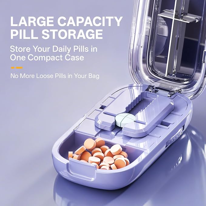 Pill Cutter Splitter for Small and Tiny Large Pills,Adjustable Pill Splitter Push-Button Cuts into 1/2, 1/3, 1/4，Comes with a Small Brush and a Medicine Storage Box (Black, 1/4 Tablet)