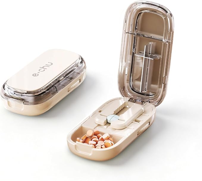 Pill Cutter Splitter for Small and Tiny Large Pills,Adjustable Pill Splitter Push-Button Cuts into 1/2, 1/3, 1/4，Comes with a Small Brush and a Medicine Storage Box (Cream, 1/4 Tablet)