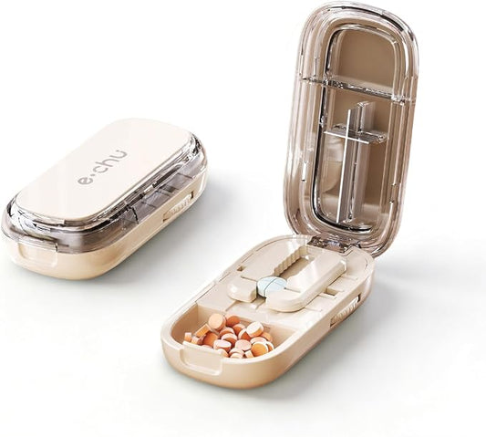 Pill Cutter Splitter for Small and Tiny Large Pills,Adjustable Pill Splitter Push-Button Cuts into 1/2, 1/3, 1/4，Comes with a Small Brush and a Medicine Storage Box (Cream, 1/2 Tablet)