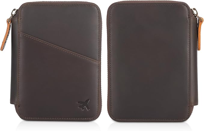 Polare Leather Pilot Wallet Passport Holder RFID Blocking Tri-fold Travel Cover Document Organizer for Aviation Professionals (Dark Brown(YKK Zipper Version))
