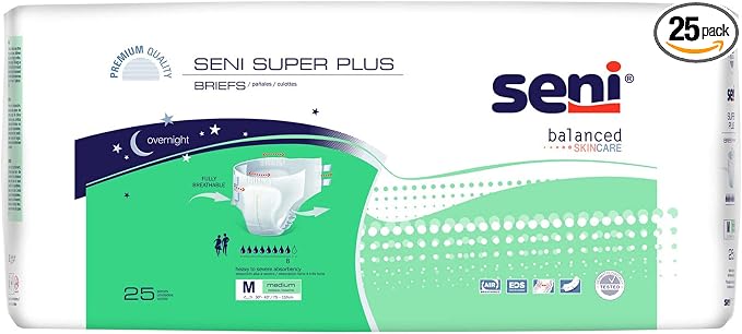 Seni Super Plus Unisex Adult Incontinence Briefs with tabs, Size M (30"-43"), 25 Count (1 Pack of 25), Heavy to Severe Absorbency, Disposable Overnight Brief for Men & Women