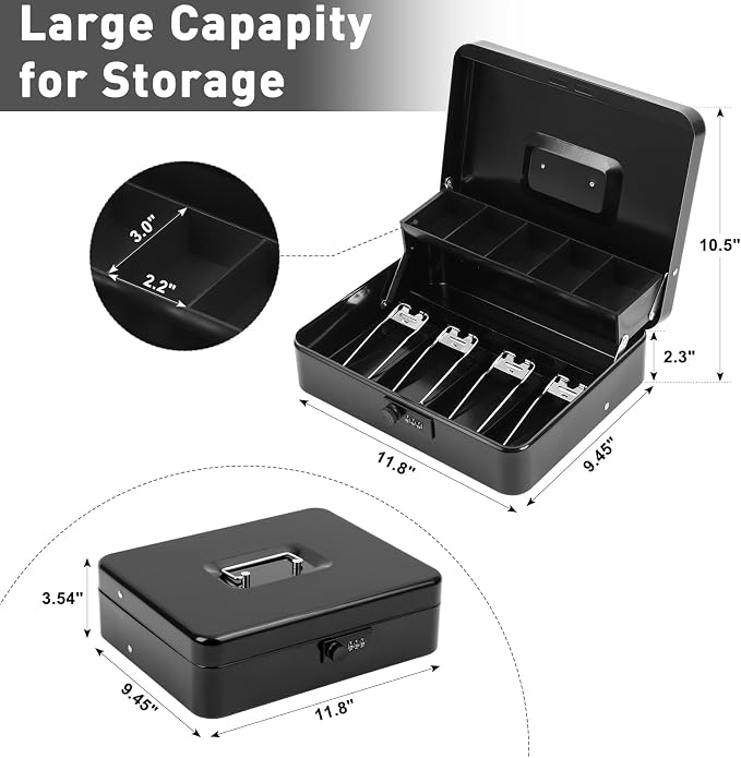 KYODOLED Metal Cash Box with Combination Lock & Spring-Loaded Bill Clips, 5-Compartment Cantilever Coin Tray, Portable Safe for Yard Sales/Craft Fairs/Small Businesses, 11.81”x9.45”x3.54”, Black