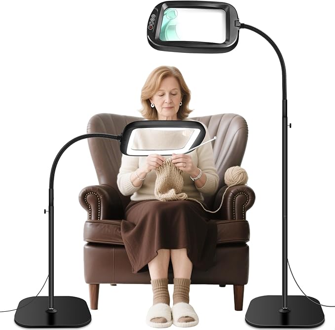 30X 10X Extra Large Floor Magnifying Glass with Light and Stand | 60 LED Flexible Gooseneck Floor Magnifying Lamp with 5 Color Modes, 2-in-1 Lighted Magnifiers for Close Work, Sewing,Crafts