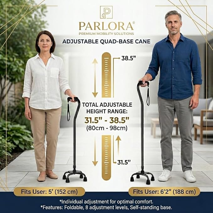 PARLORA Walking Cane 4 Prong for Stability - 3-in-1 Foldable Heavy Duty Cane with Interchangeable Quad & Single Bases, 8 Adjustable Heights, Offset Handle & Wrist Strap for Women, Men & Seniors