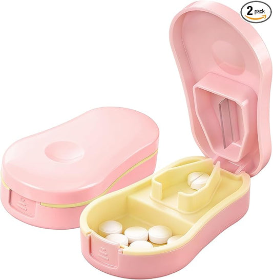Pill Cutter Splitter for Small and Tiny Pills - Premium Silicone Precision Pill Splitter - Designed for Swallowing Difficulties & Pets. Nonslip Pad. Wrap-Around Blade Guard. Back Storage (Pink)
