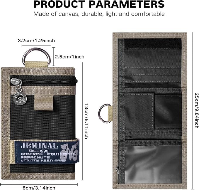 JEMINAL Trifold Canvas Wallet for Men Outdoor Sports Wallet with Keychain, Multiple Card Slots, ID Window, Lightweight Nylon Casual Wallet, Black