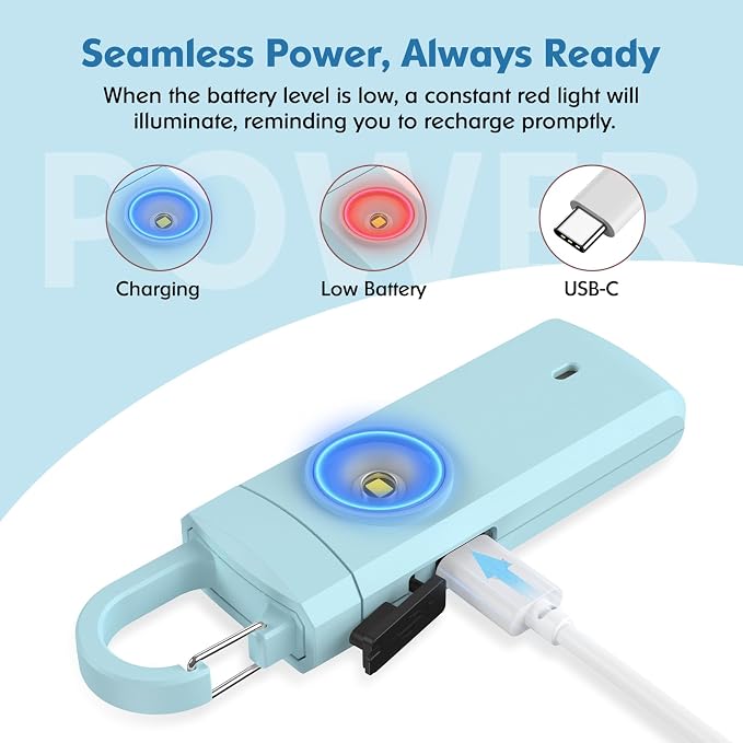 Rechargeable Personal Alarm for Women, Keychain Siren Alarm with USB Charging, Back to School College Essentials for Daughter, College Students, Teen Girls, Elders, Kids, Travel Essentials, Aqua