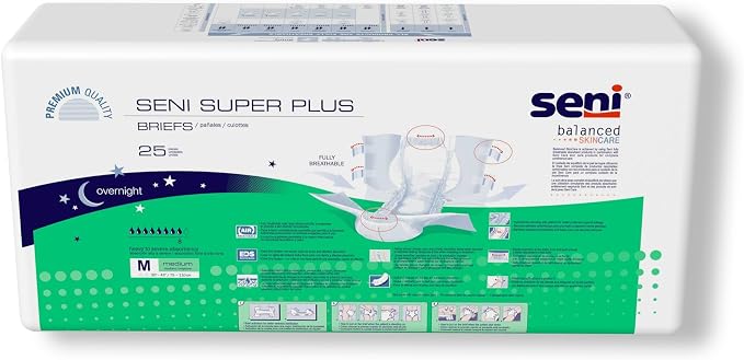 Seni Super Plus Unisex Adult Incontinence Briefs with tabs, Size M (30"-43"), 25 Count (1 Pack of 25), Heavy to Severe Absorbency, Disposable Overnight Brief for Men & Women